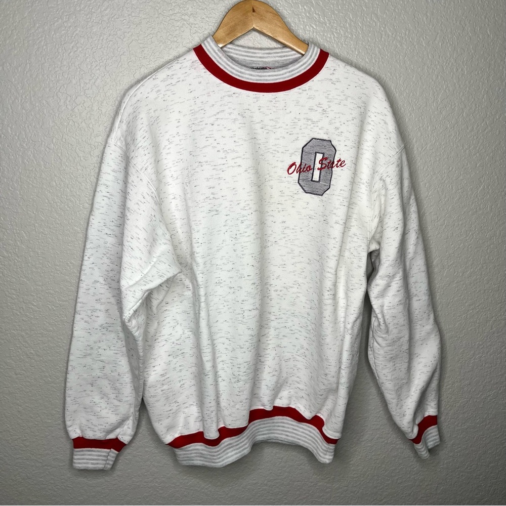 Vintage 90s Ohio State Buckeyes Crewneck Sweatshirt White Red Ringer Size Large‎